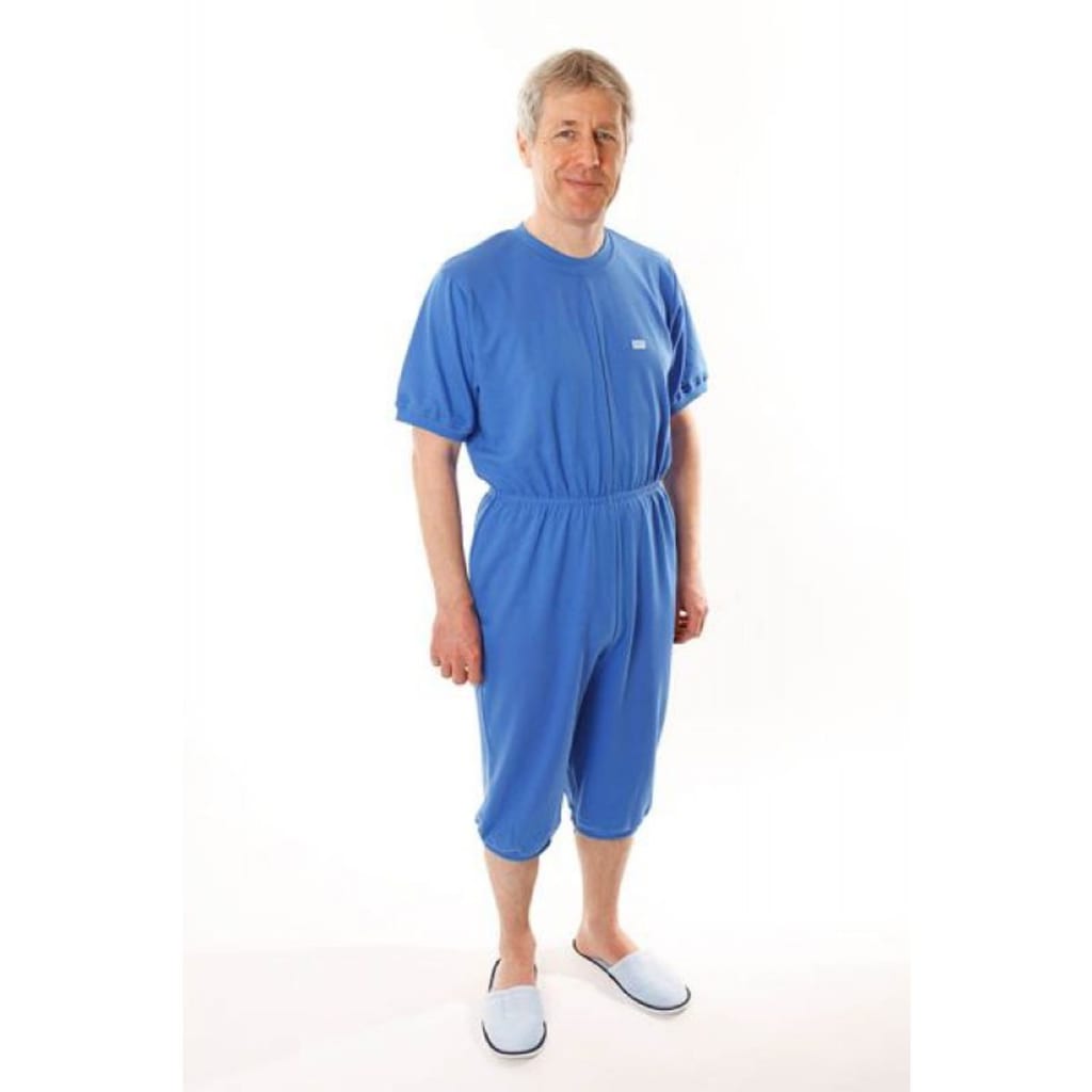 Cilly's Overall Jersey (Unisex)  für pflegebedürftige Menschen. Mit kurzen Armen und 3/4 Beinen und eingearbeiteten Reißverschlüssen am Rücken und im Schritt. Bild 1