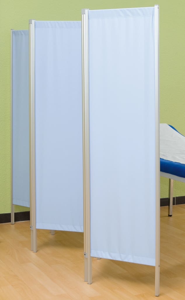 Leichtparavent mit Aluminiumrahmen, drehbare Flügel, pflegeleichte Bespannung. Standfuß für Stabilität. 
␍ Bild 1