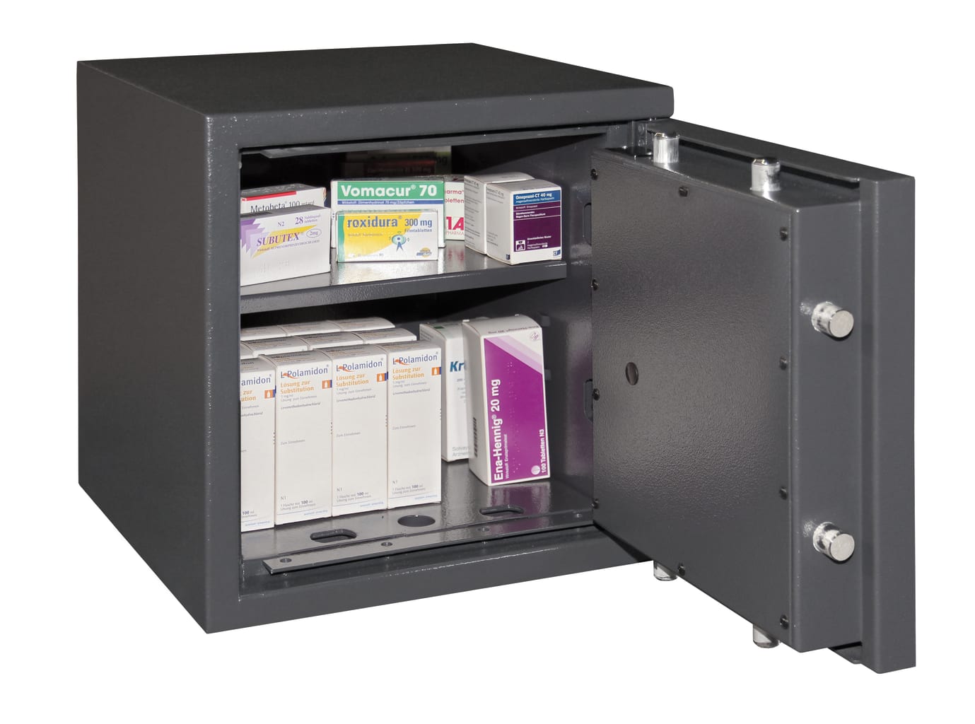 Betäubungsmittelschrank gemäß BtMG-Anforderungen, Sicherheitsstufe ECBS Klasse 0. Doppelbart-Hochsicherheitsschloss.
␍ Bild 1