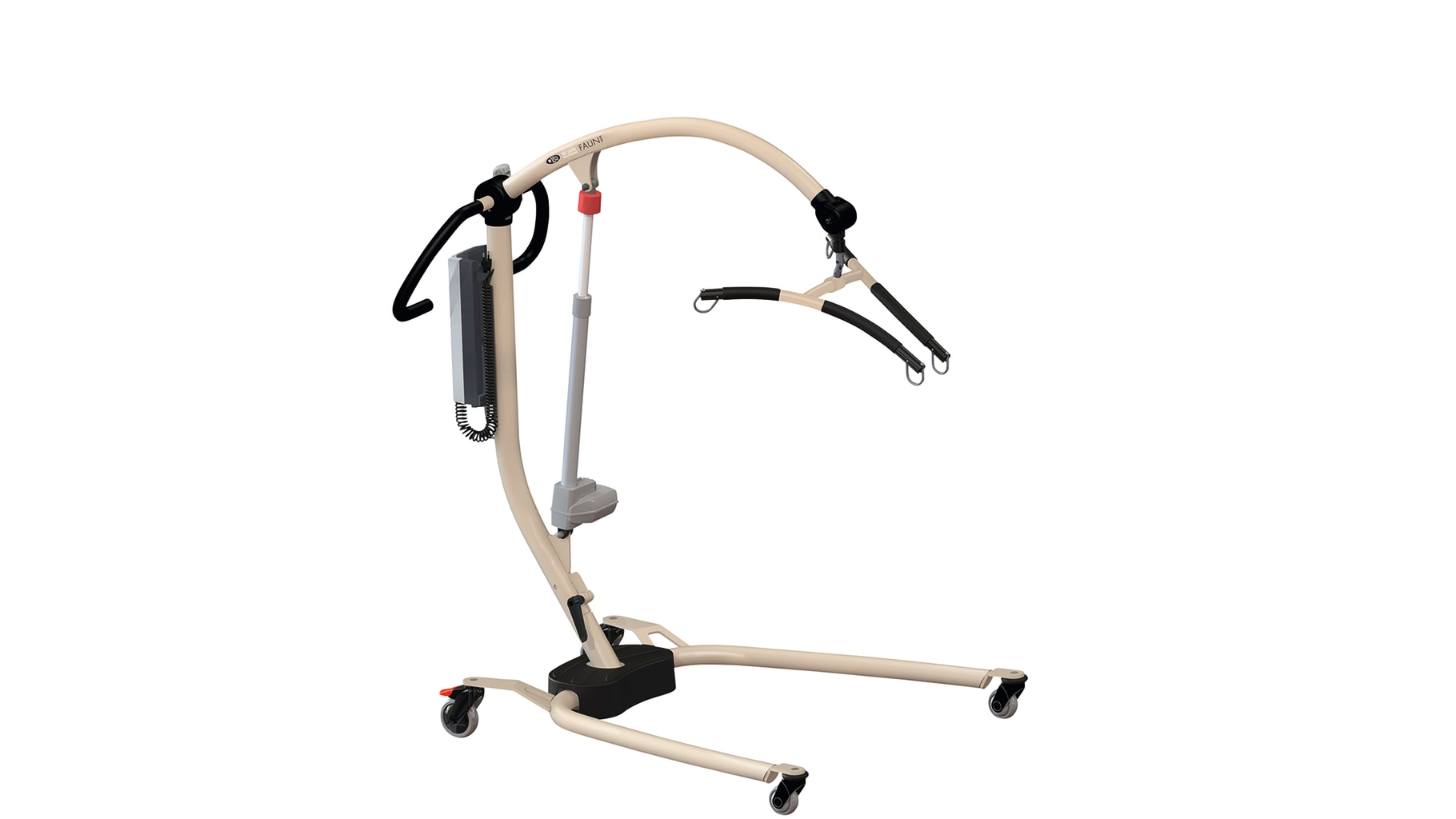 WiBUplus Lifter Faun, Bild 1 Lifter für den Sicheren Transfer von Bett zu Rollstuhl. Elektrische Höhenverstellung, Warnsignal bei niedriger Ladung.
␍ Bild 1