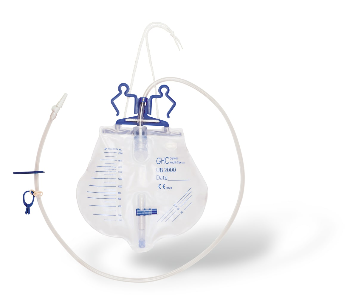 Steriler Urinbeutel mit Halterung. Belüftungsfilter, Skalierung, Rückstecklasche, 14-tägige Verwendungsdauer, 2 Liter Volumen. Bild 1