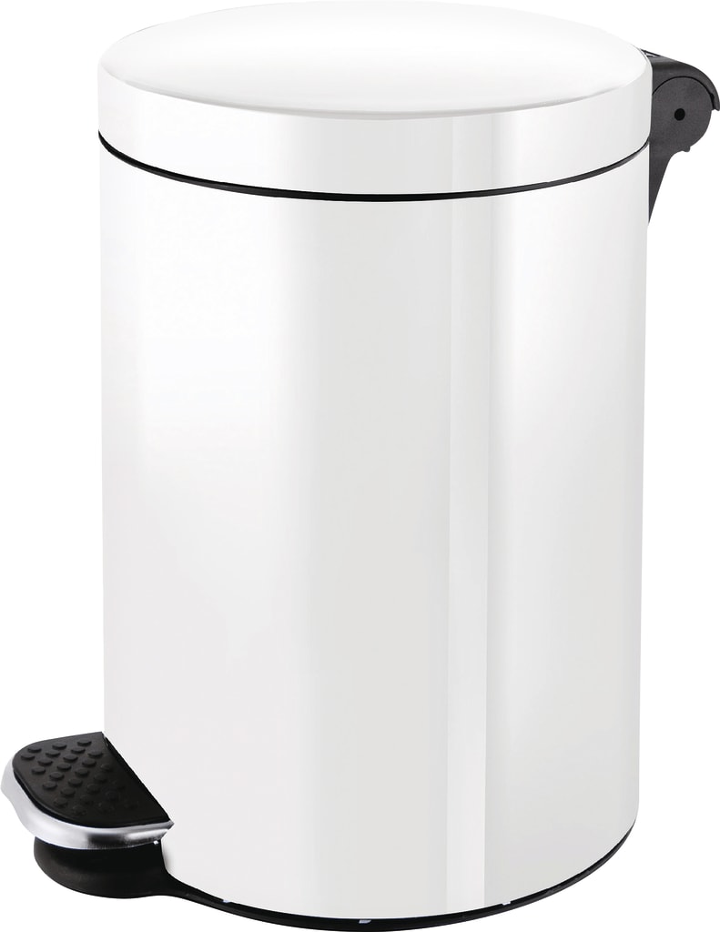 Treteimer aus Edelstahl oder pulverbeschichtetem Weiß, mit Kunststoff-Innenbehälter und Metallgriff zur einfachen Entleerung. Bild 1