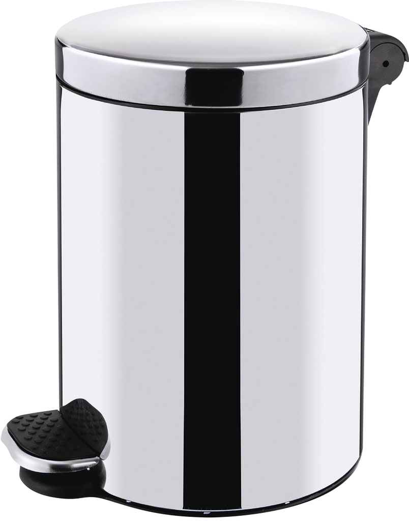 Treteimer aus Edelstahl oder pulverbeschichtetem Weiß, mit Kunststoff-Innenbehälter und Metallgriff zur einfachen Entleerung. Bild 1