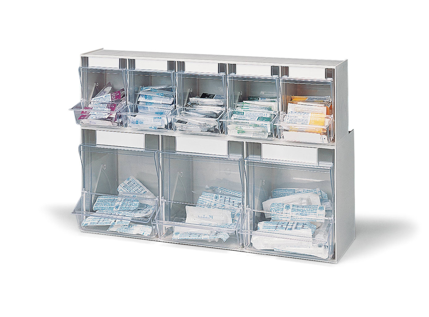 Picbox-Spritzen- und Kanülen aus Kunststoff, 3 Spritzenschütten, 5 Kanülenschütten, Staubschutz, Grauweiß, DIN 58953.
␍ Bild 1