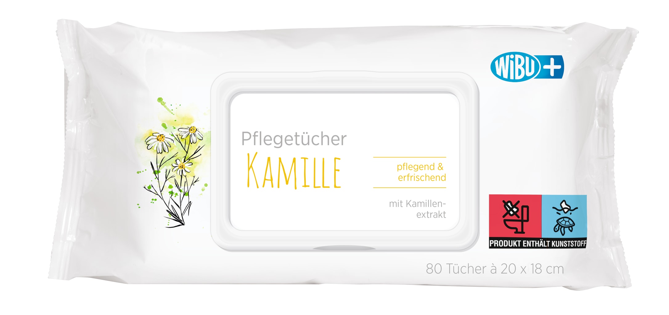 WiBUplus Pflegetücher Kamille 80 Tücher, Bild 1 Feuchte Einmal-Tücher mit Kamille für sanfte Hautreinigung. Ideal für unterwegs, erfrischend und belebend.
␍ Bild 1
