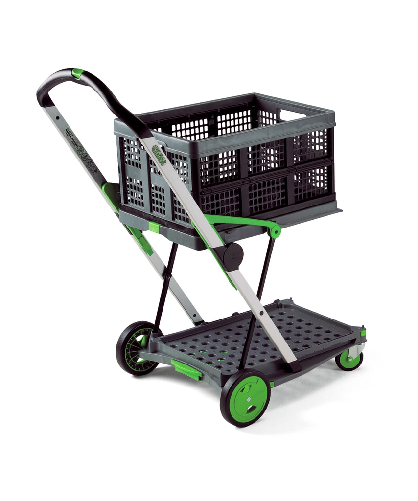 Clax Transporter: Auf- und zusammenklappbar, mit Feststellbremse und Gummibereifung. Kommt mit 46 Liter Klappbox.
␍ Bild 1