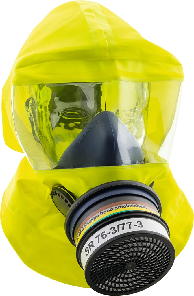 Schwer entflammbare Fluchthaube, P3-Filter, 7 Jahre lagerbar. Tasche inkl., leicht anzulegen, Silikonmaske, 30 Min Nutzung
␍ Bild 1