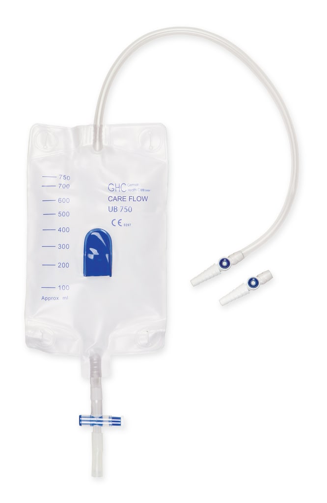 Steriler Urinbeinbeutel mit 750 ml Volumen. Ausgestattet mit einem Refluxventil zur Vermeidung von Infektionen. Bild 1