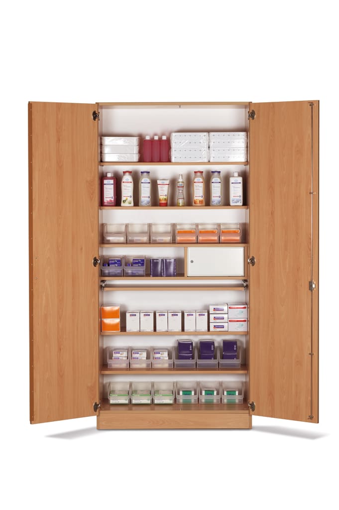 Stationszimmerschrank mit abschließbaren Fächern, ausziehbarer Arbeitsplatte und 4 Einlegeböden. In Platinweiß oder Buche Bild 1