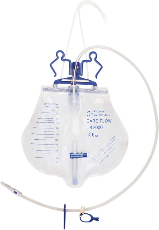 Geschlossenes Urindrainagesystem System mit Zwillingshalter, T-Ablasshahn, steril, 20 Stück.
␍ Bild 1