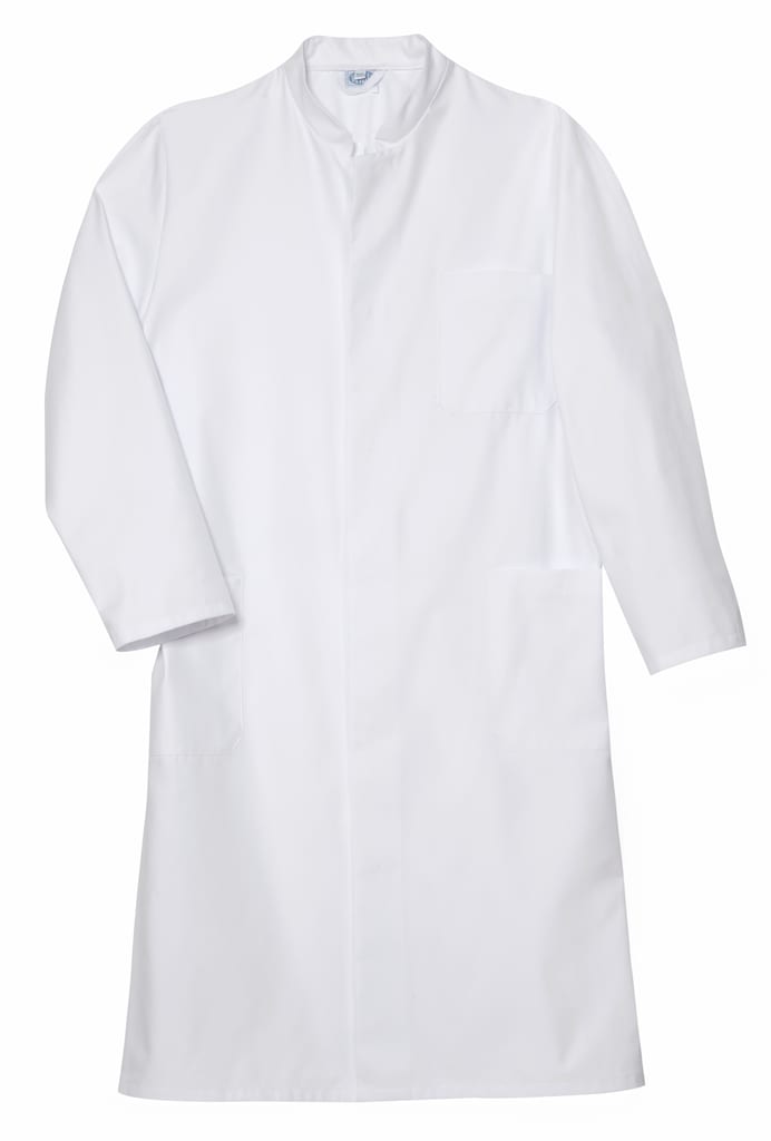 Visitenmantel mit Stehkragen, langen Ärmeln, drei Taschen und einen Ziergürtel. Er lässt sich mit Druckknöpfen in einer Knopfleiste schließen. Bild 1