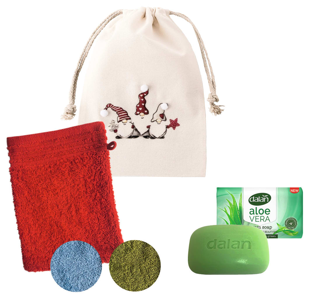 1 flauschiger Waschhandschuh und eine pflegende Cremeseife aloe VERA mit erfrischendem Duft - verpackt im Weihnachtsbeutel. Bild 1