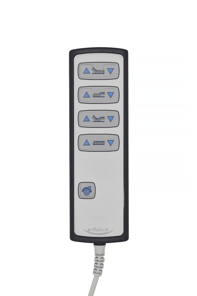 Der Handschalter für Pflegebett Malsch passt zum Modell Ayleen 100 und hat 9 Tasten.
␍ Bild 1