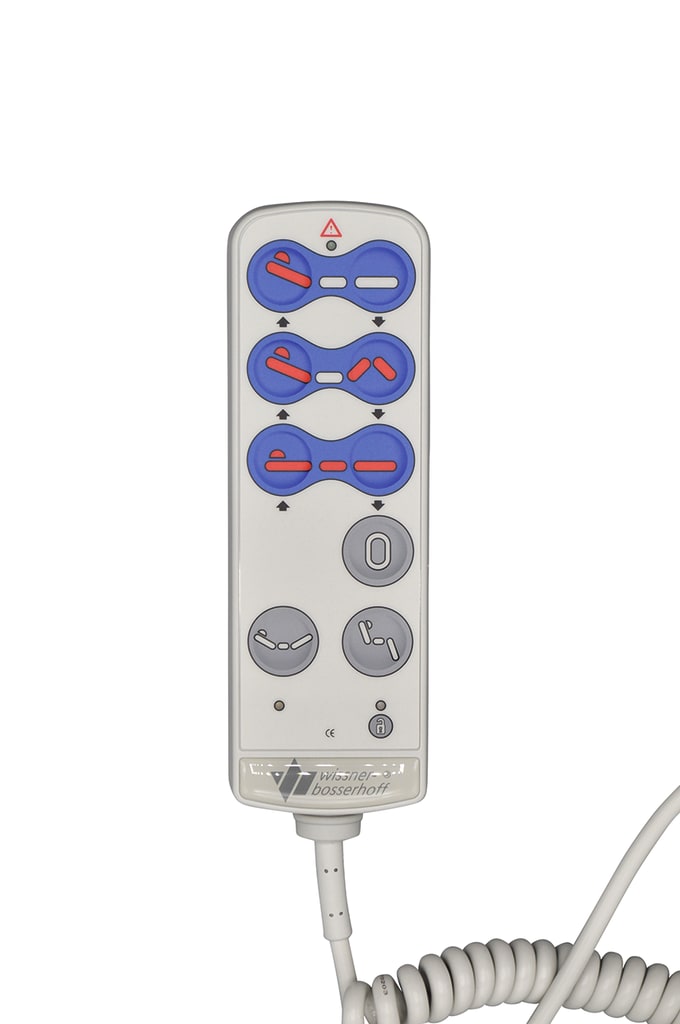 Der Handschalter für Pflegebett Wissner-Bosserhoff ist verwendbar mit den Modellen Estetica, Vitalia V4053 und Vitalia V4060. Er hat 9 Tasten.
␍ Bild 1