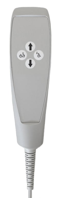 Der Handschalter für Lifter Horcher Raisa E hat 4 Tasten. Der graue Linak-Anschluss von dem Handschalter ist 8-polig.
␍ Bild 1