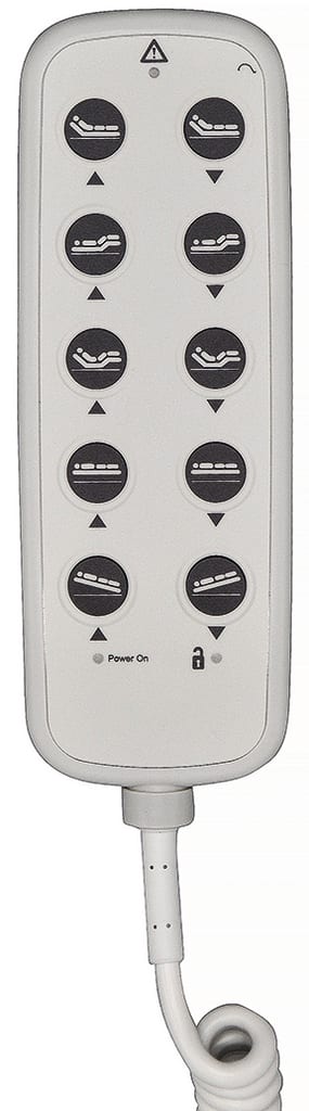 Der Handschalter für Pflegebett Wissner-Bosserhoff hat einen Magnetschlüssel und 10 Tasten. Bild 1