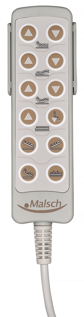 Der Handschalter für Pflegebett Malsch Impulse 400 hat einen Haken inklusiv und 12 Tasten. Bild 1