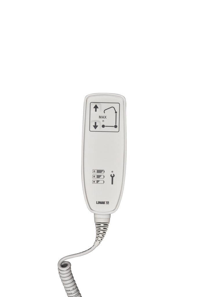 Der Handschalter für Aufstehhilfe/Lifter ist inklusive Haken und hat 2 Tasten.
␍ Bild 1