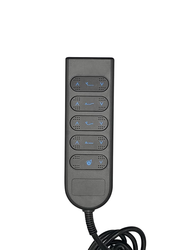 Dem Handschalter für Pflegebett Casa Care ist eine Kontrollbox beigefügt und er hat 9 Tasten.
␍ Bild 1