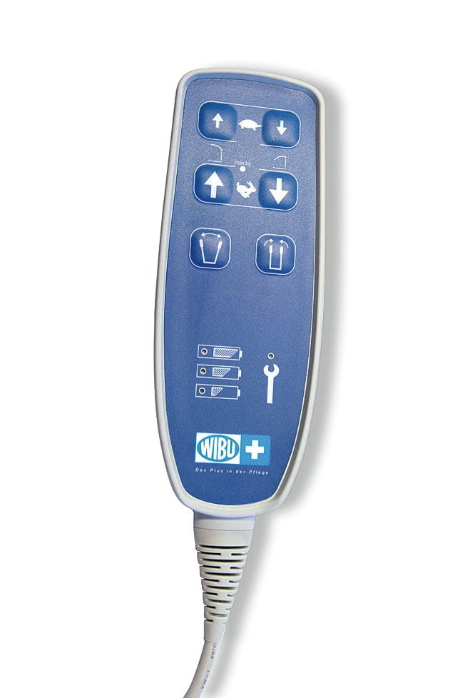 Der Anschluss für den Handschalter für Aufstehhilfe/Lifter ist rund und 8-polig. Der Handschalter hat 6 Tasten.
␍ Bild 1