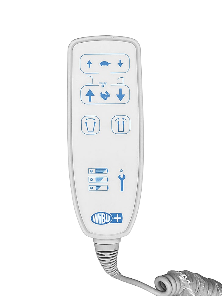 Der Handschalter für Aufstehhilfe/Lifter Ergolet hat 6 Tasten. Der Anschluss ist rund und 8-polig. Bild 1