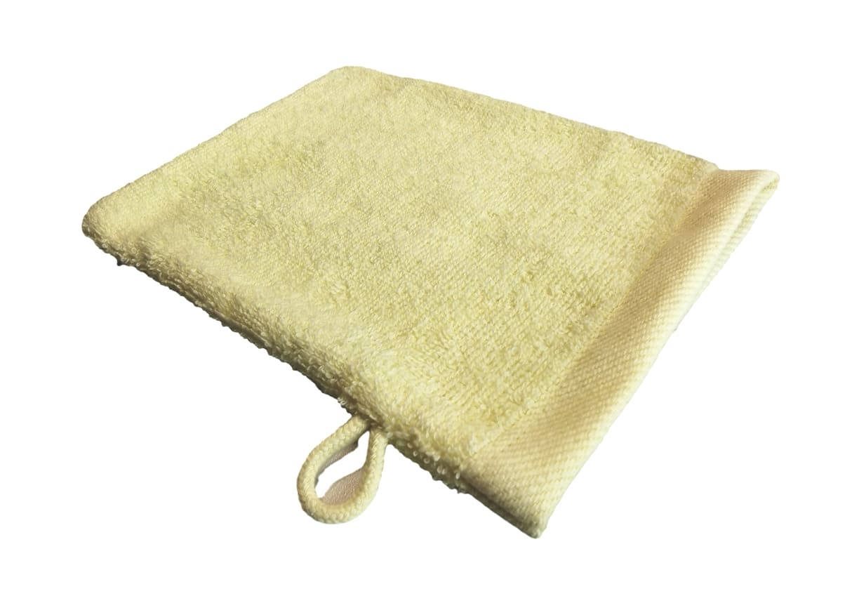 Waschhandschuh Malaga, Bild 1 Waschhandschuh Malaga mit 400 g/m² Dichte & Aufhänger. Extra weich, schnell trocknend & „Grüner Knopf“ zertifiziert – ideal für den Pflegealltag. Bild 1