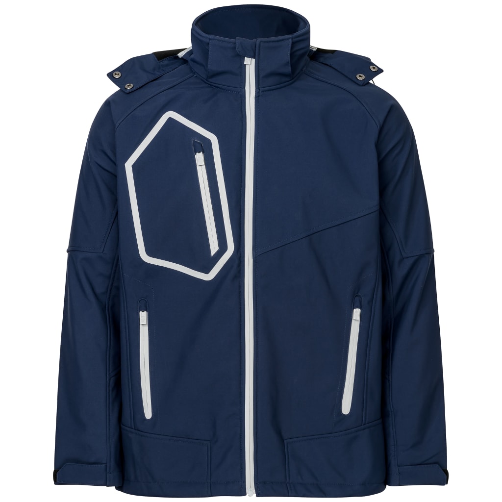 Modische Softshelljacke mit Kapuze, Stehkragen und Kontrastdetails – reflektierende Paspeln für Sichtbarkeit bei schlechtem Licht. Bild 1