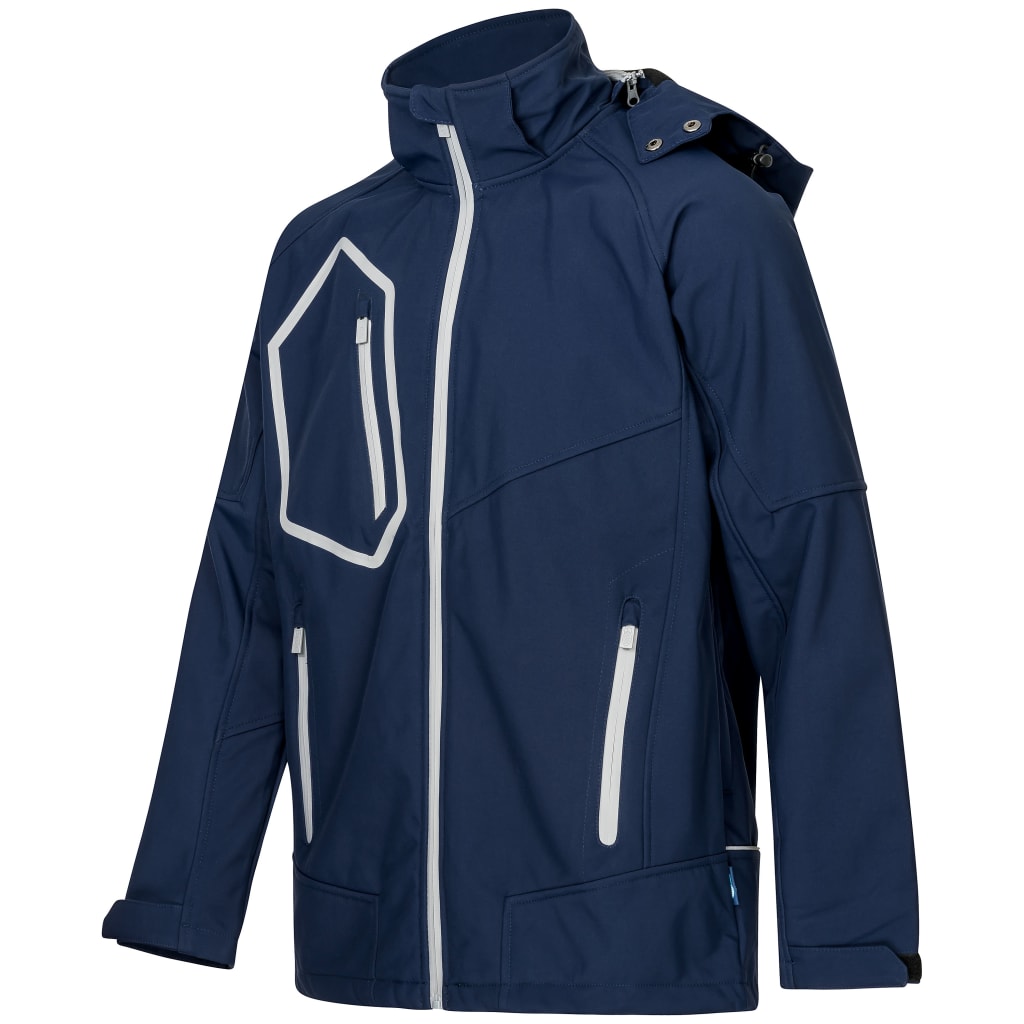 Modische Softshelljacke mit Kapuze, Stehkragen und Kontrastdetails – reflektierende Paspeln für Sichtbarkeit bei schlechtem Licht. Bild 2