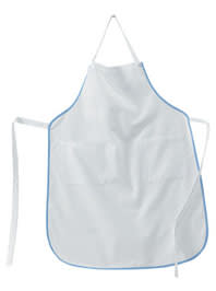 Schürze Jasmin mit verstellbarem Halsband, zwei großen Taschen und farbigen Paspeln – funktional und stilvoll für den Küchenalltag. Bild 1