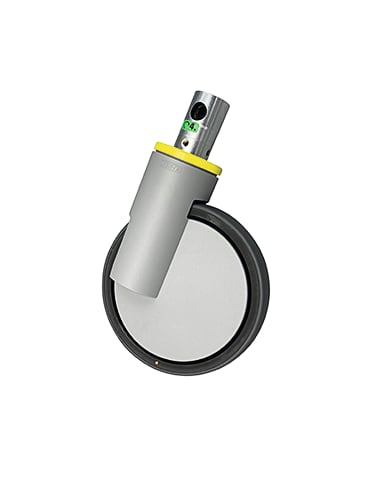 Die leitfähige Rolle für Klinikbett Stiegelmeyer Seta ​hat einen Durchmesser von 150 mm und ist eine Blaugrau, seidenmatte Lenksperrrolle vom Hersteller Prorl.
␍ Bild 1