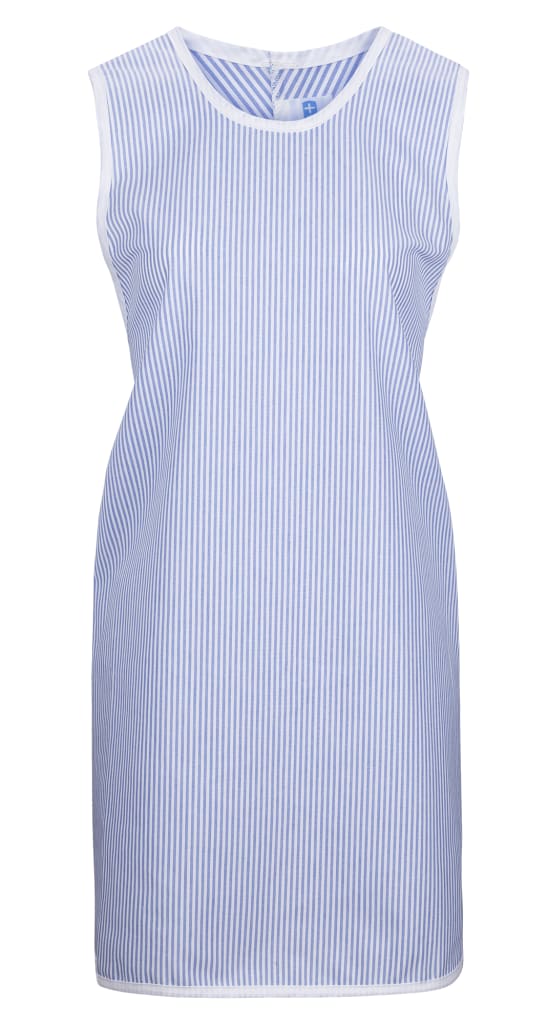 Überwurfschürze ohne Taschen in Blau-Weiß – weiß eingefasst, mit Rückenbändern, ideal als Kleiderschutz für Bewohner oder Mitarbeiter. Bild 1