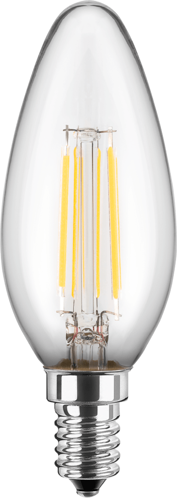 Das Glas der LED Filament Kerzenform 4,5W (40W) E14 470lm 2700 ist klar. Sie hat eine Helligkeit von 470 lm und die Maße 89 x 35 mm. Bild 1