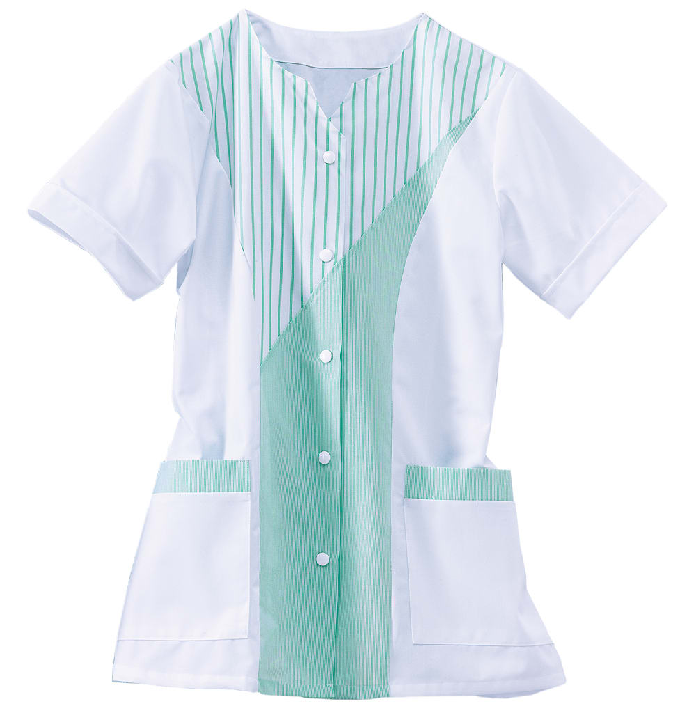 Kasack Birgit ohne Kragen mit Kappengrippern, kurzen Ärmeln & 2 Seitentaschen. Modern, funktional & ideal für den aktiven Berufsalltag. Bild 1