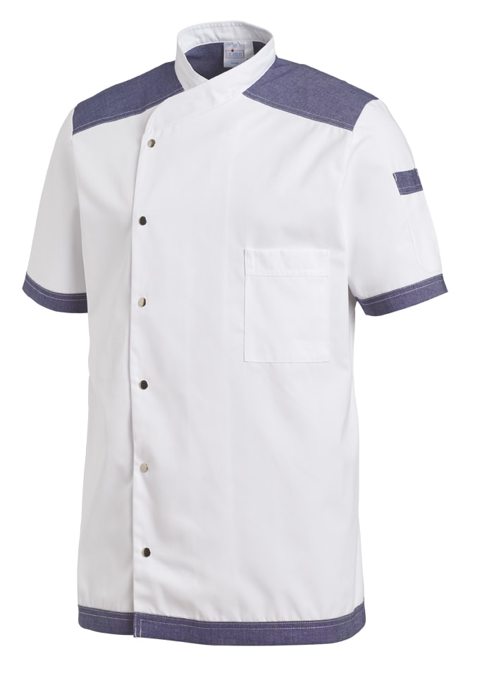 Kurzärmelige Herren-Kochjacke aus Mischgewebe mit Druckknöpfen, Brust- & Ärmeltasche – strapazierfähig und bequem im Küchenalltag. Bild 1