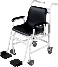 Ergonomisch optimiertes Körpergewichtsmessgerät zum Wiegen im Sitzen für gehbehinderte Menschen. Wahlweise mit Netz- oder Akkubetrieb.