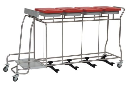 Kombination aus einem Edelstahl-Abfallsammler und einem Wäschesammler mit 4 Deckeln (farbig), die nebeneinander längs angeordnet sind.