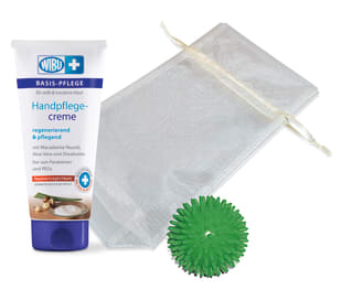 Geschenkset Handpflege WiBUplus Handpflegecreme 100 ml, Igel-Massageball (Ø 7 cm), Organzabeutel Creme