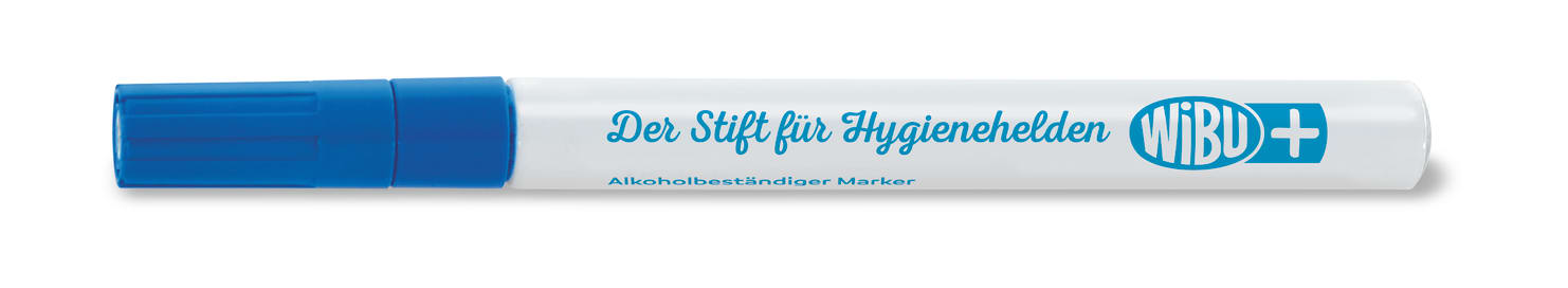 Alkoholbeständiger Lackmarker zur Beschriftung von Desinfektionsmitteln, mit Rundspitze, Strichstärke 0,8 mm.