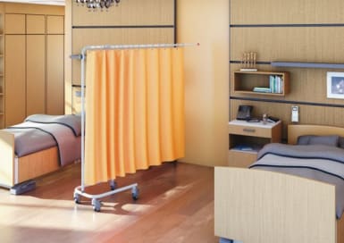 Textilvorhang aus Trevira CS®, schwer entflammbar, bis 60 °C waschbar, desinfizierbar, kurze Trockenzeit. Einsetzbar für Mobilschirme und Teleskopschienen. Inklusive 10 Vorhangösen.   In folgenden …