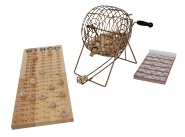 Bingospiel aus Holz mit 90 Holzkugeln, Trommel mit Kurbel, Kugelablage und 600 Spielzetteln