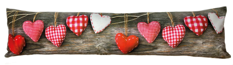 Schöner Zugluftstopper mit Herzen bedruckt.