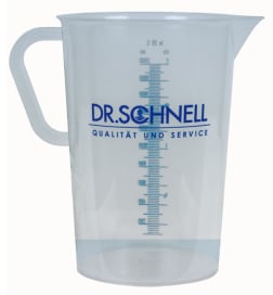 Sterilisierbarer Messbecher aus Polypropylen mit geprägter Skala und blauem Skalendruck.