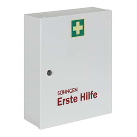 Abschließbarer Verbandschrank, eintürig mit Einlegeböden.