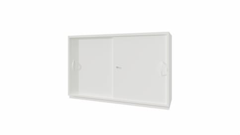 Schiebetürpaar mit Griffen und Schloss, 2 Einlegeböden,  Mittelwand, auf Sockel.