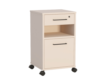 2er Set Nachtschränke, rollbar mit abschließbarem Schubkasten, offenem Fach und großem Schubkasten.