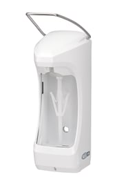 Abschließbarer Wandspender für 500 ml Euroflaschen mit Einweg-Pumpen-System.