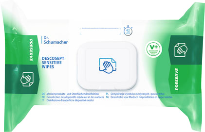 Alkoholische, gebrauchsfertige Desinfektionstücher zur Schnelldesinfektion im wiederverschließbaren Flow-Pack.