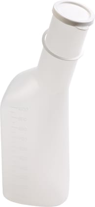 Urinflasche für Männer aus glasklarem Polyvinylchlorid, desinfizierbar, mit anhängendem weißen Polyethylen-Deckel, graduiert. Bild 1