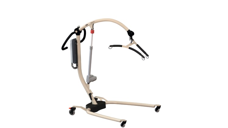 WiBUplus Lifter Faun, Bild 1 Lifter für den Sicheren Transfer von Bett zu Rollstuhl. Elektrische Höhenverstellung, Warnsignal bei niedriger Ladung.
␍ Bild 1