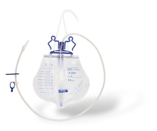 Steriler Urinbeutel mit Halterung. Belüftungsfilter, Skalierung, Rückstecklasche, 14-tägige Verwendungsdauer, 2 Liter Volumen. Bild 1